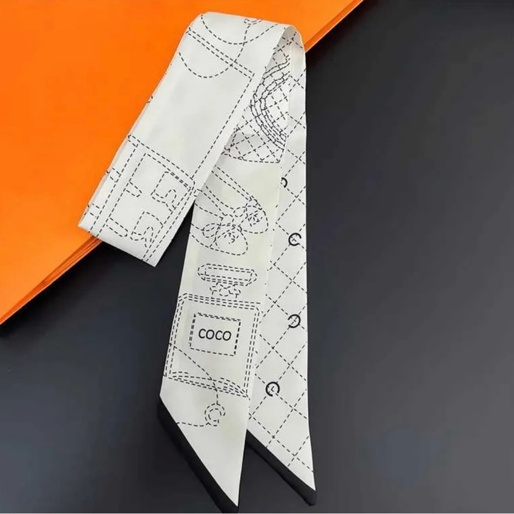 White and Black Silk Scarf/Twilly